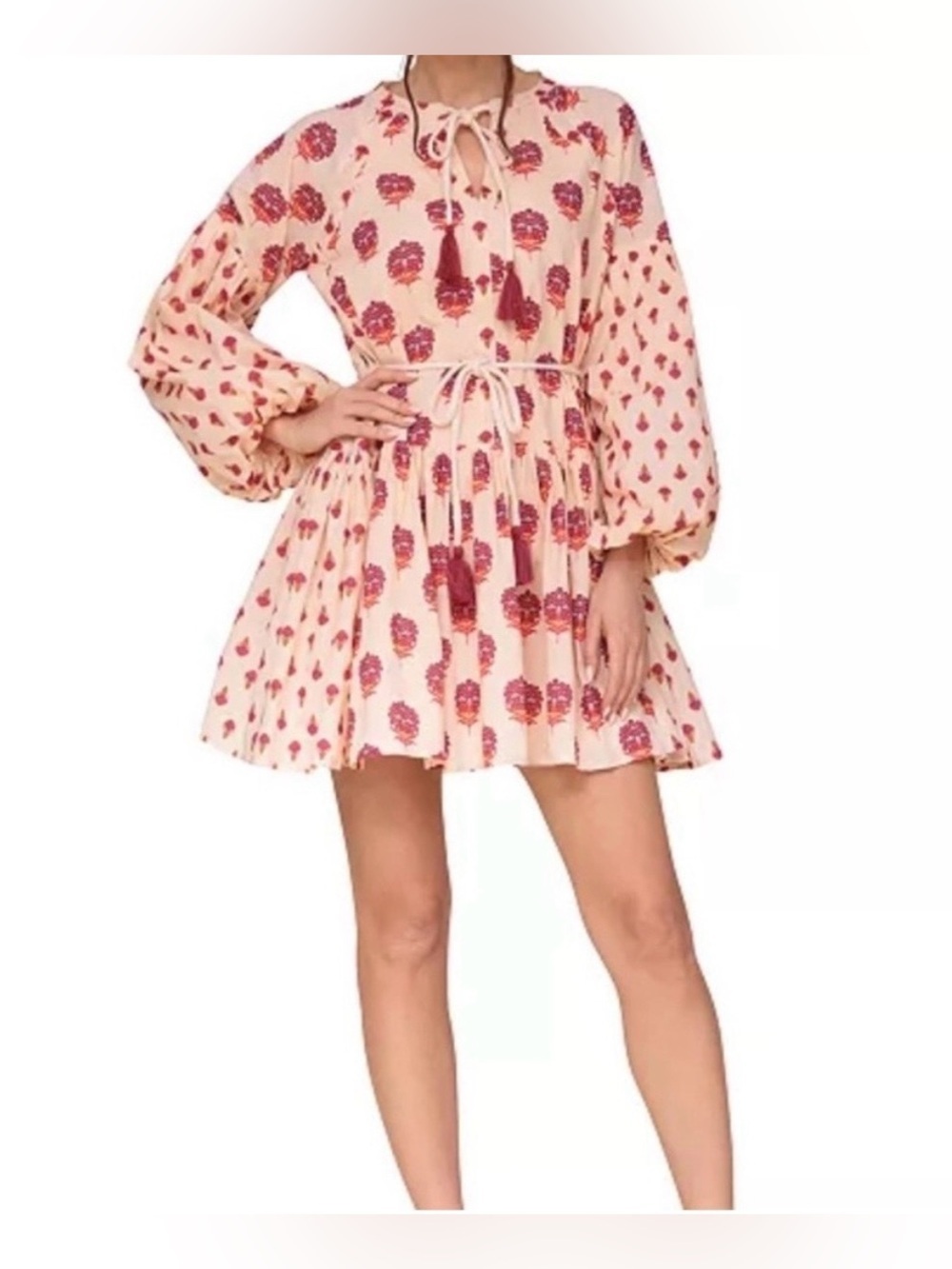 Avec Les Filles Floral Mini Dress Boho Peasant Tassel Tie Waist Size 6 - Picture 2 of 10